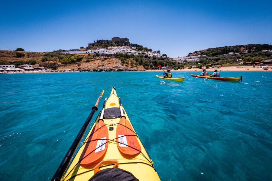 Lindos: Sea Kayaking & Acropolis of Lindos Tour with Lunch - Navarone Bay snorkel break: when paddling turns into swimming time