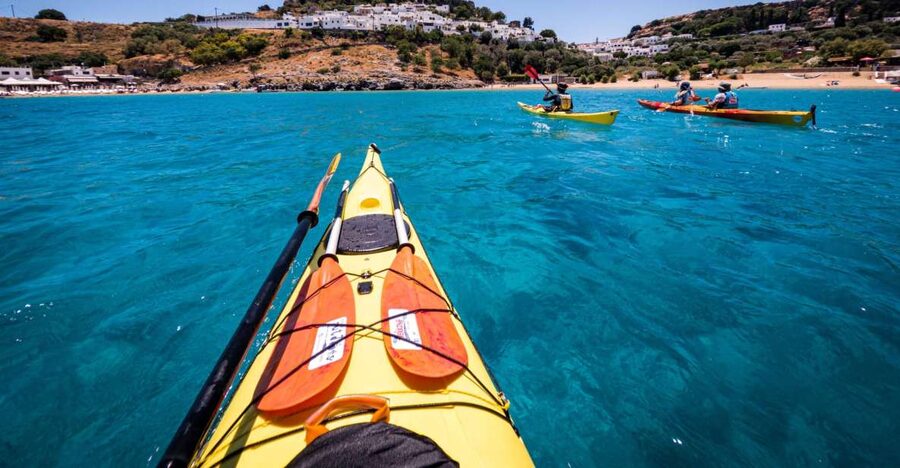 Lindos: Sea Kayaking & Acropolis of Lindos Tour with Lunch - East coast Lindos views: white houses, sea caves, and St Paul’s Bay