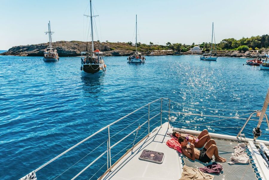 Rhodes: All-Inclusive Catamaran Cruise with Lunch and Drinks - Afandou Beach caves (power catamaran only): a bonus stop with a different feel